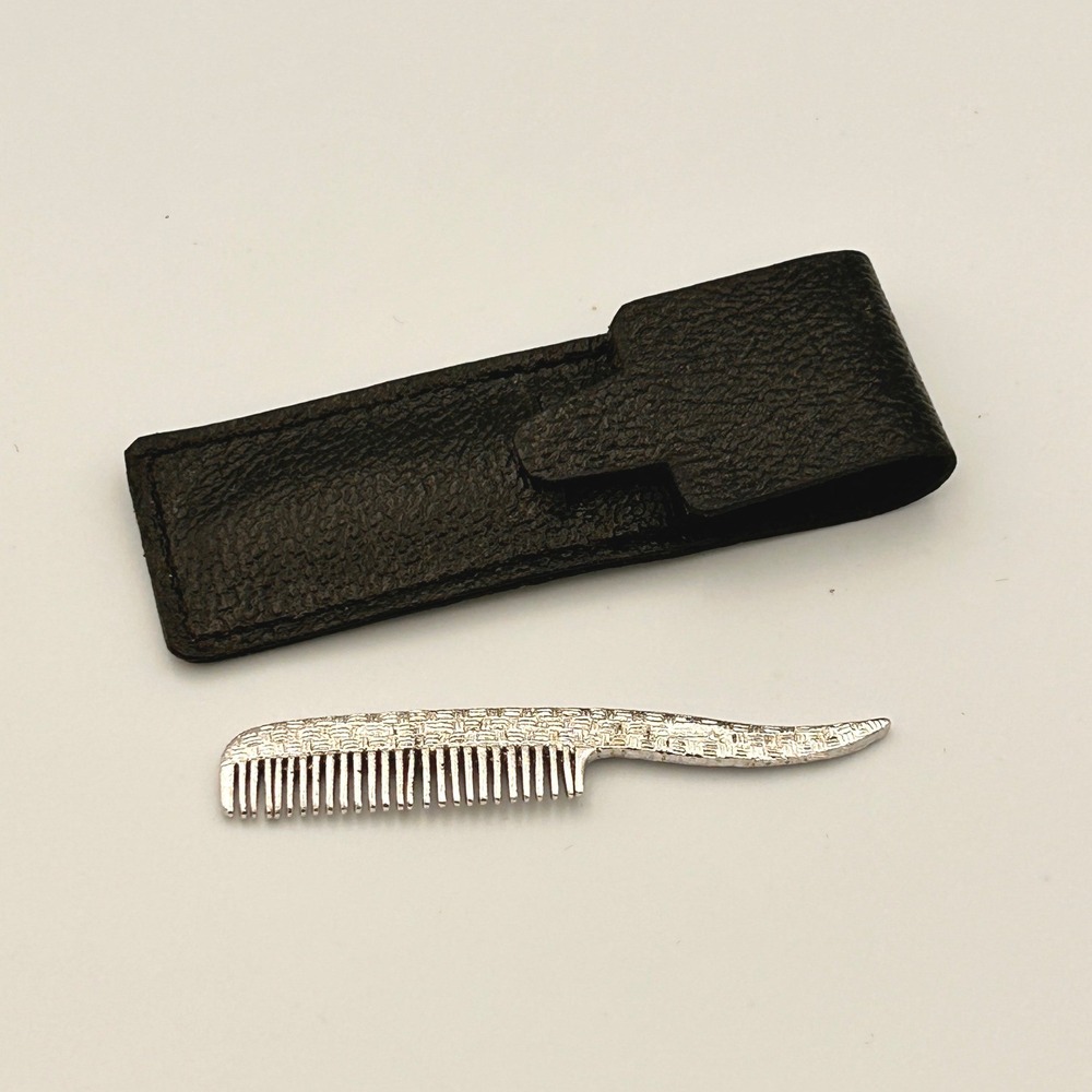 Vintage Silver Tone Basketweave Mustache Comb with  Sleeve Case